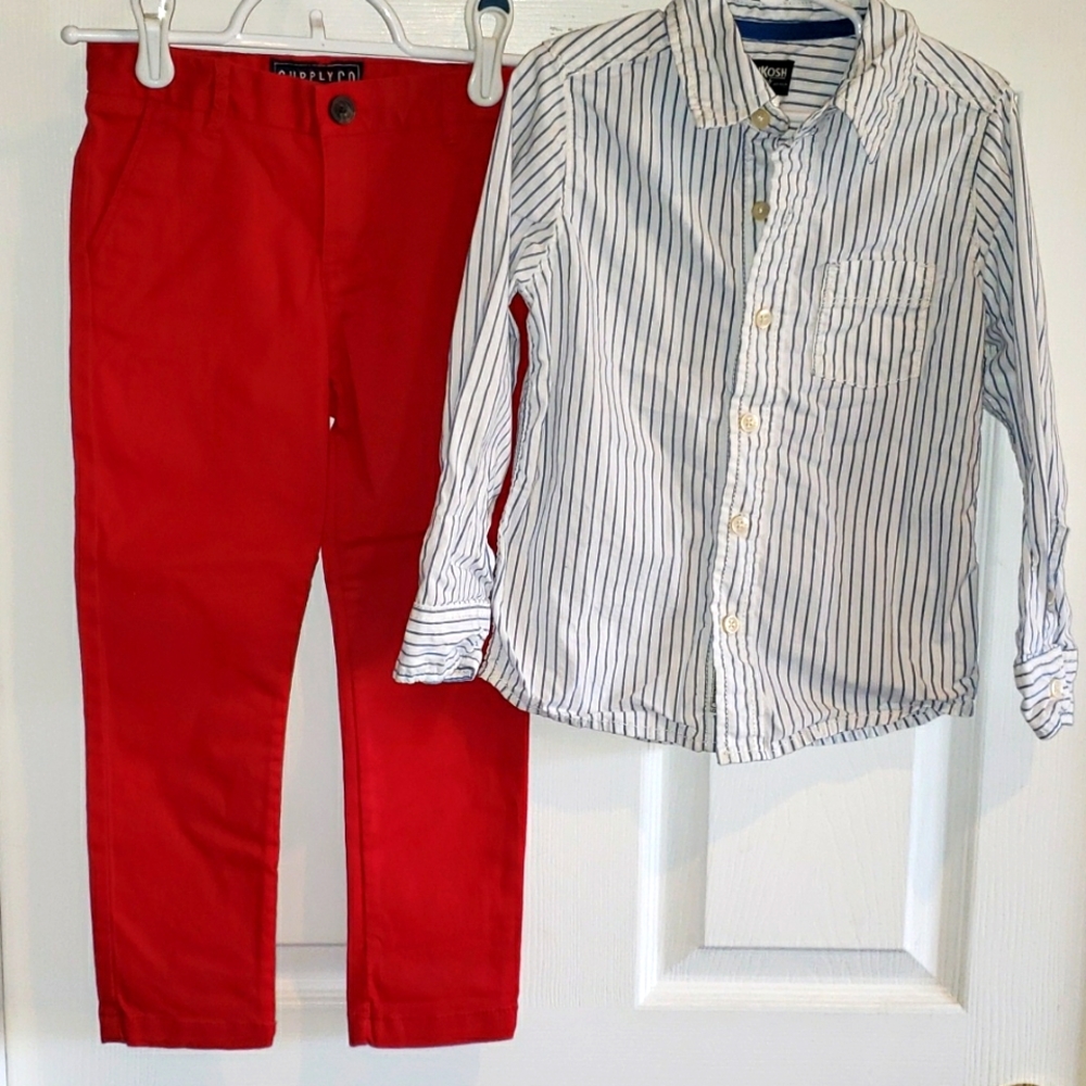 Boys dress outfit set with red pants and blue and white striped button down